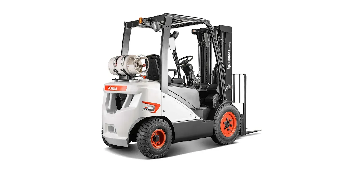 A black and white forklift is parked on a white background.