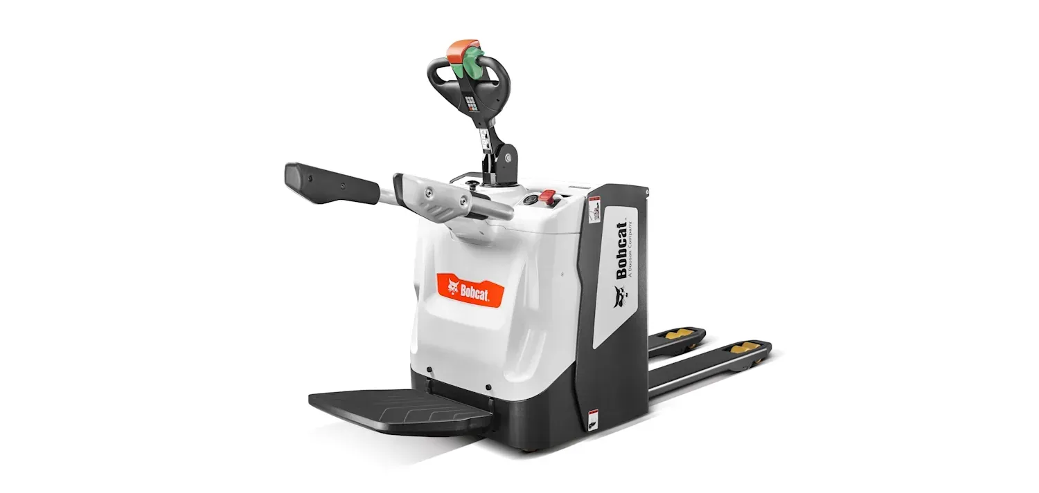 A black and white pallet truck with a handle on a white background.