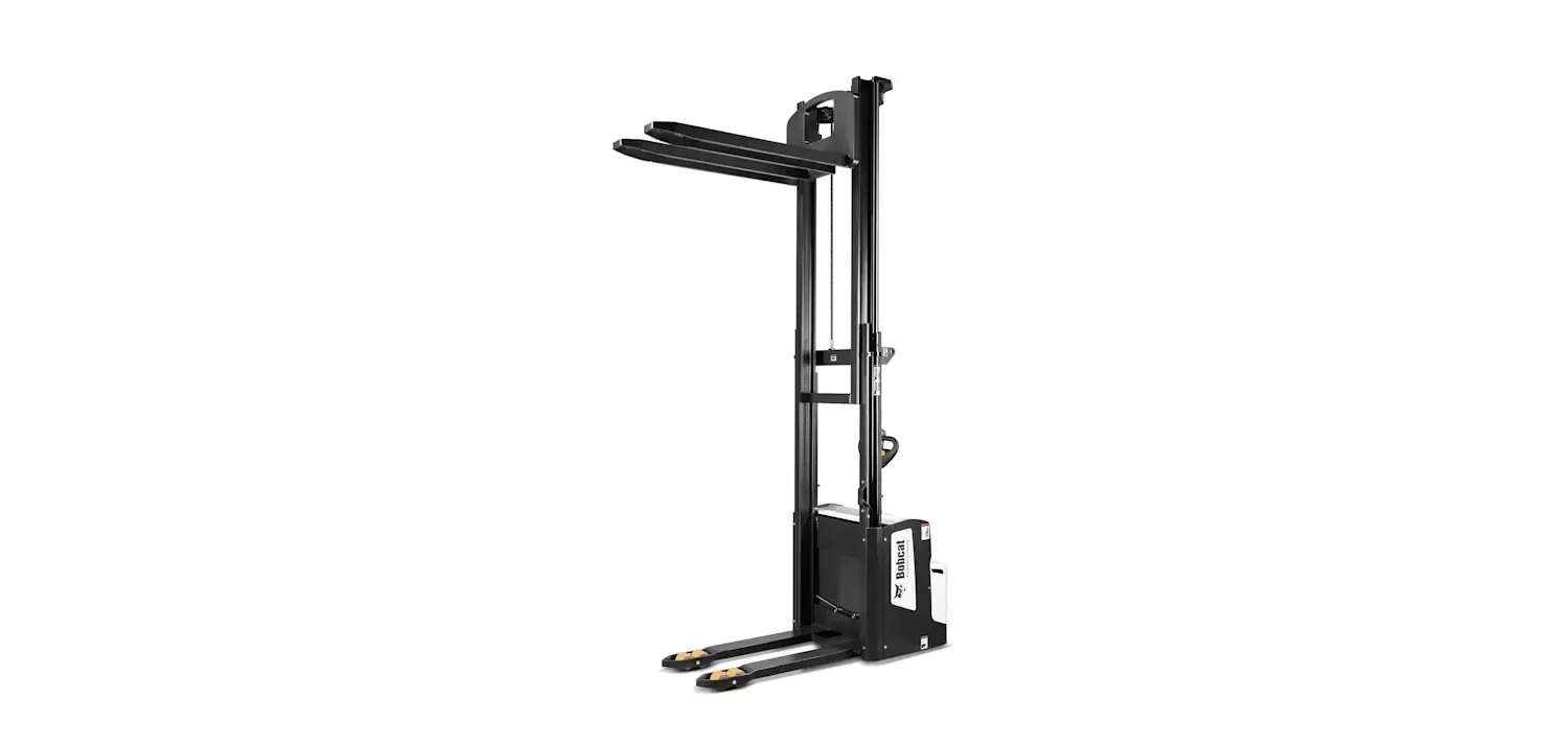 A white and black forklift on a white background.