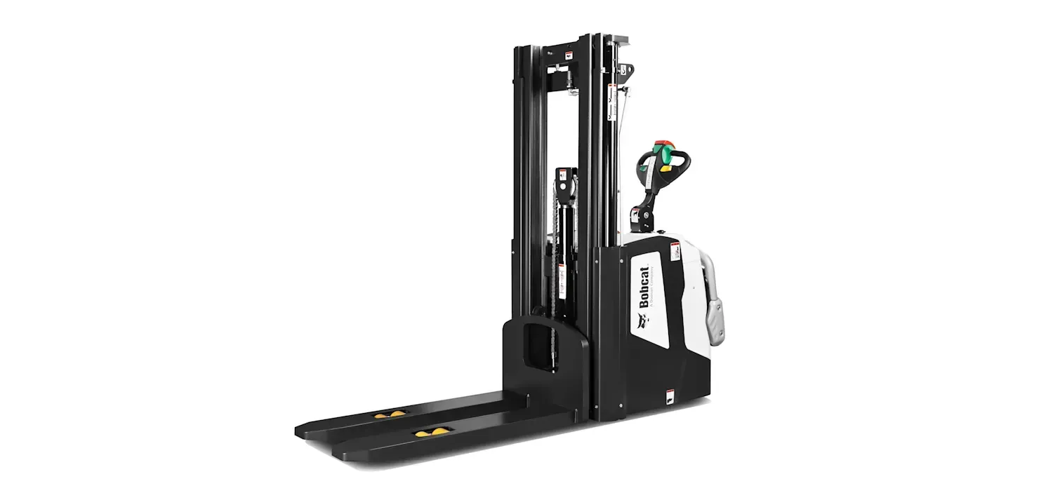 A black and white forklift on a white background.