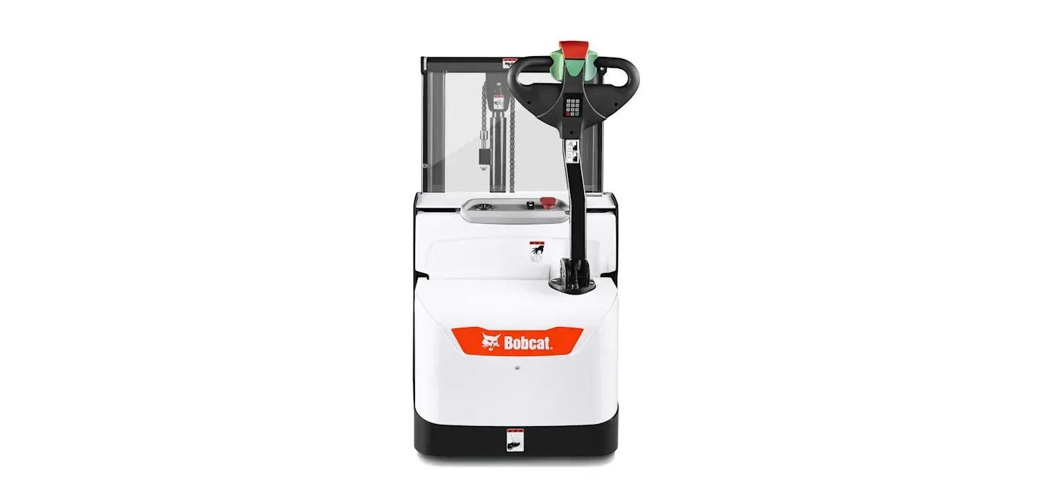 A white and black forklift is sitting on a white surface.