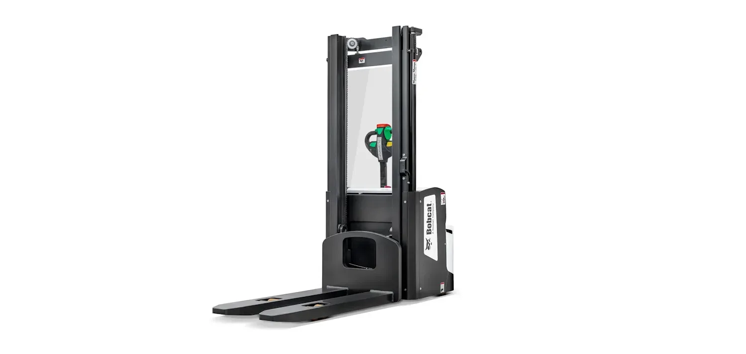 A white and black forklift on a white background.