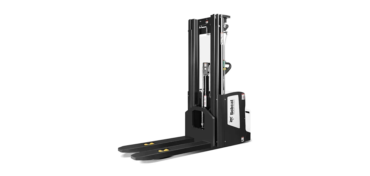 A white and black forklift on a white background.
