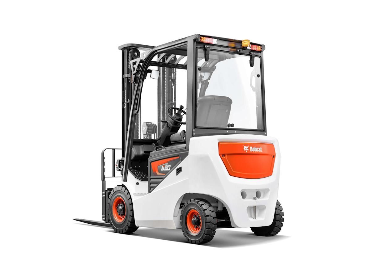 A forklift is parked on a white background.