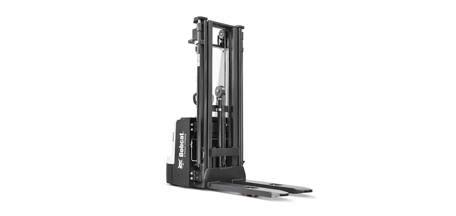 A black and white forklift on a white background.