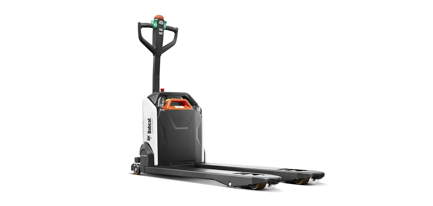 A black and white pallet truck with a green handle on a white background.