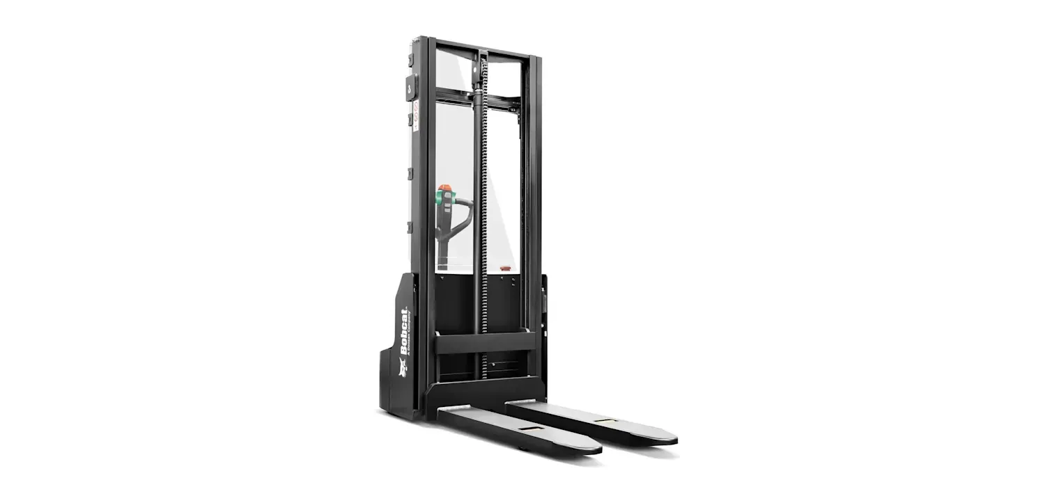 A white and black forklift on a white background.