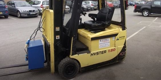 A yellow forklift is parked in a parking lot.