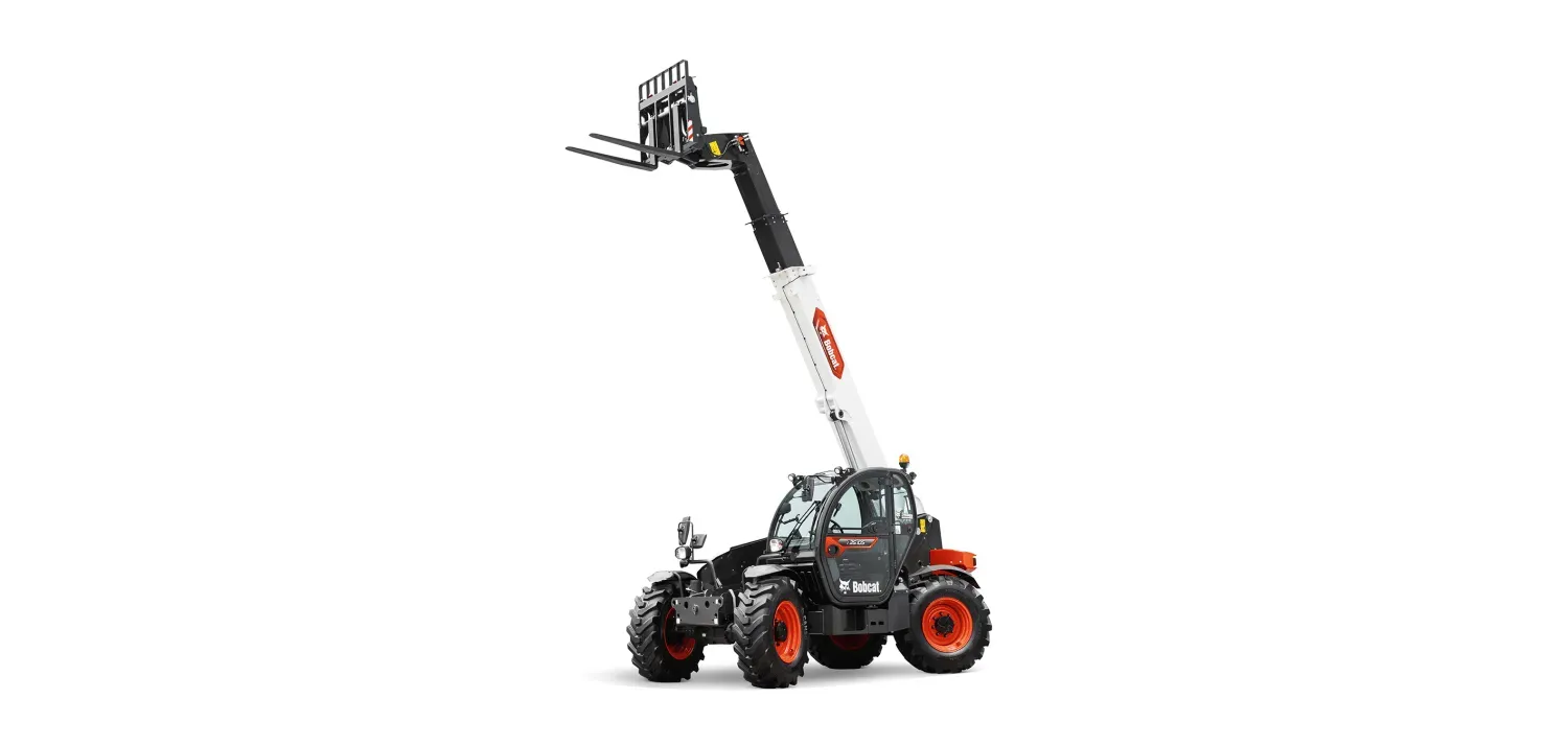 A white and black forklift with a long handle on a white background.