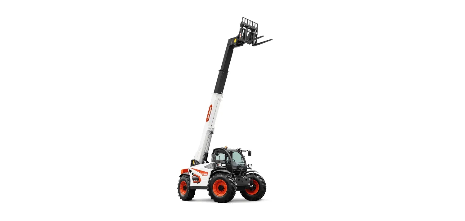 A black and white forklift with a long arm on a white background.
