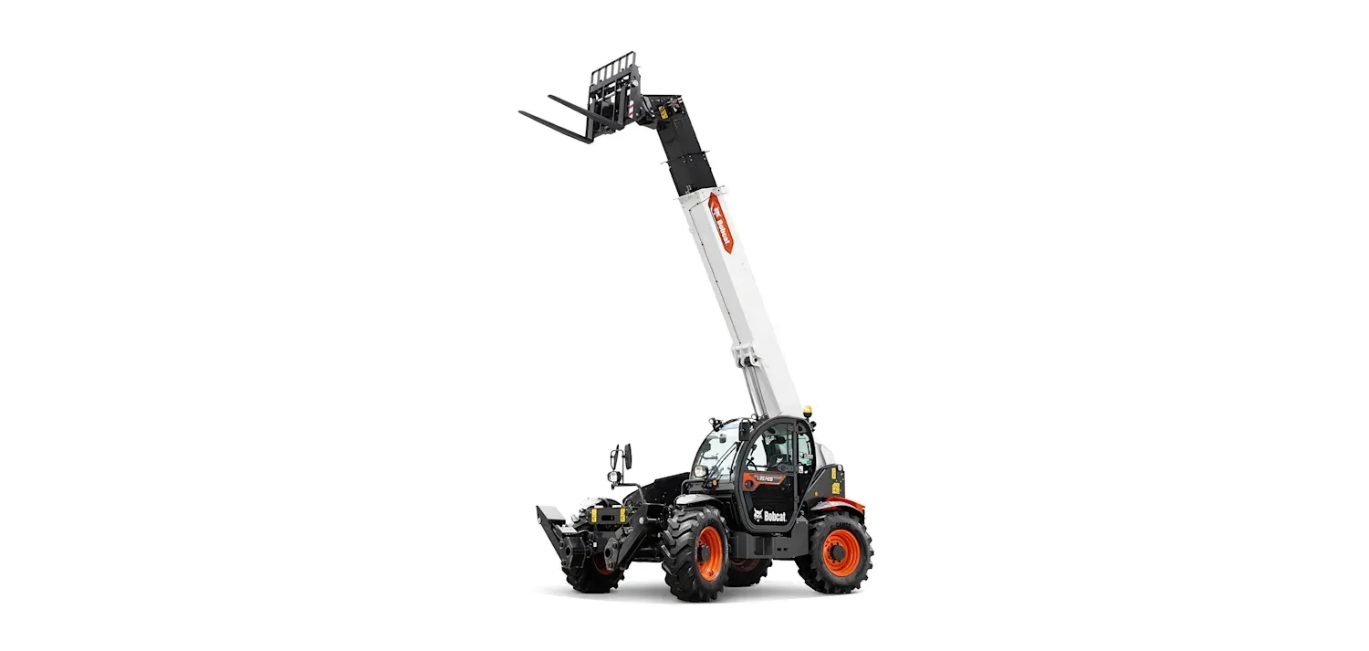A white and black forklift with a long arm on a white background.