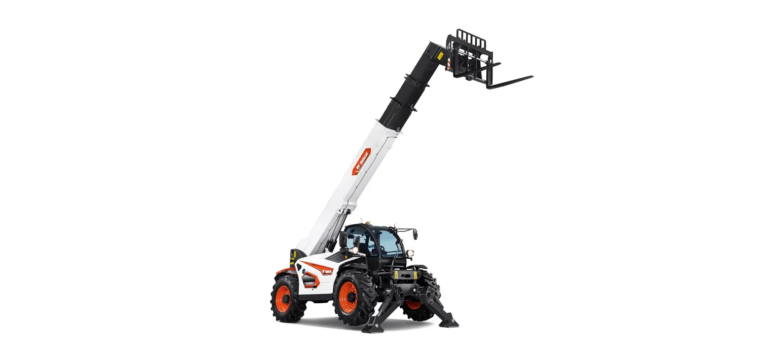 A black and white forklift with a long arm on a white background.