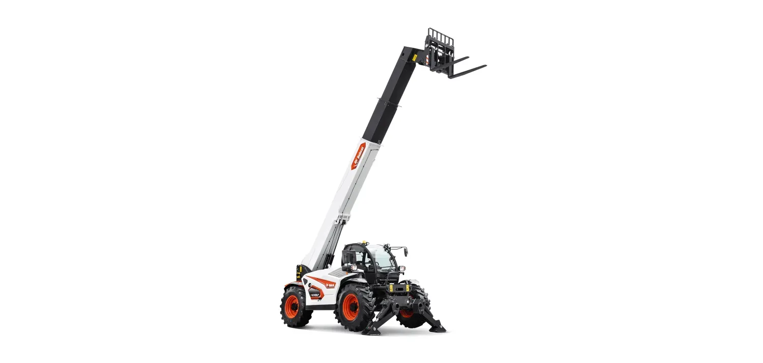 A telescopic handler with a forklift attached to it on a white background.