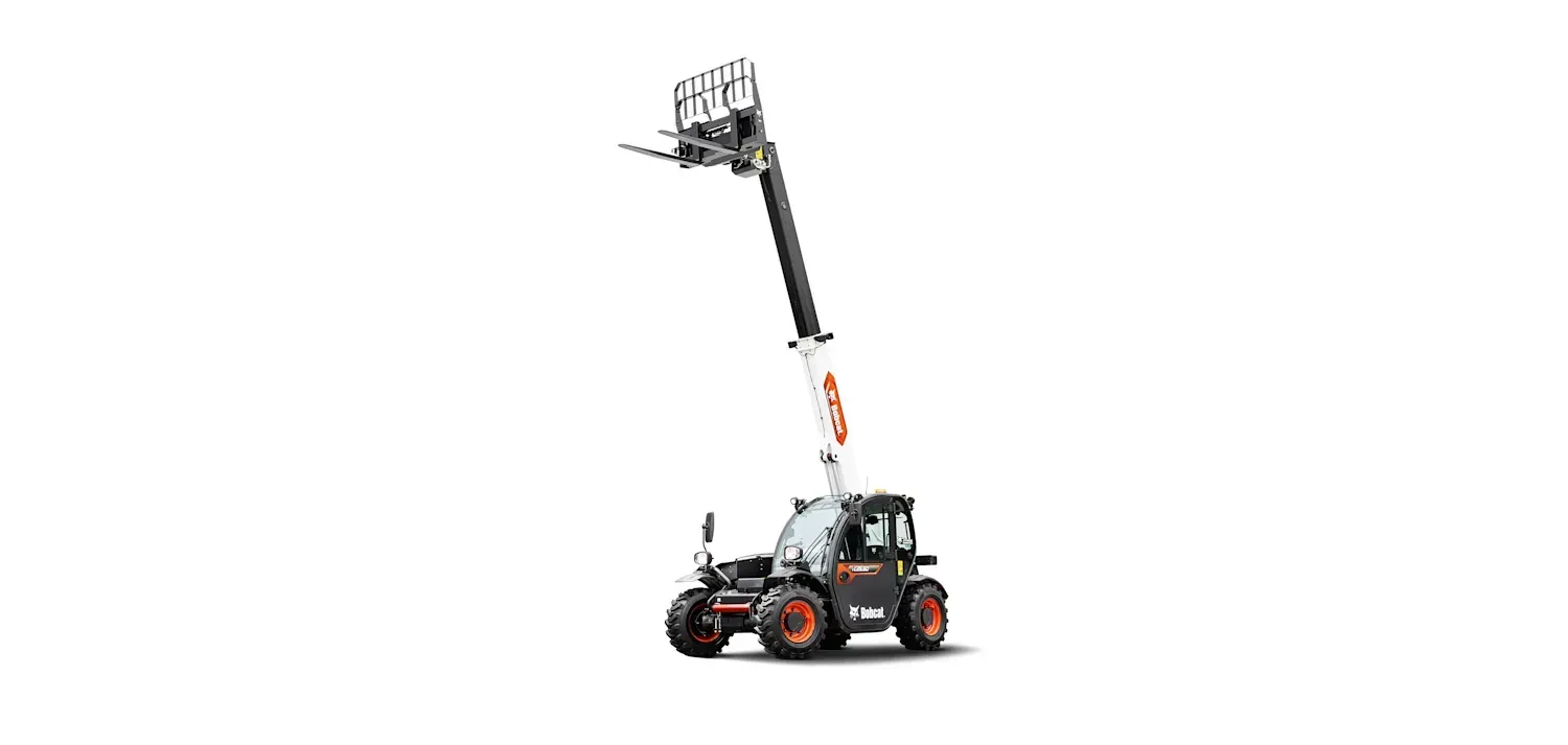 A white and red forklift is sitting on a white surface.