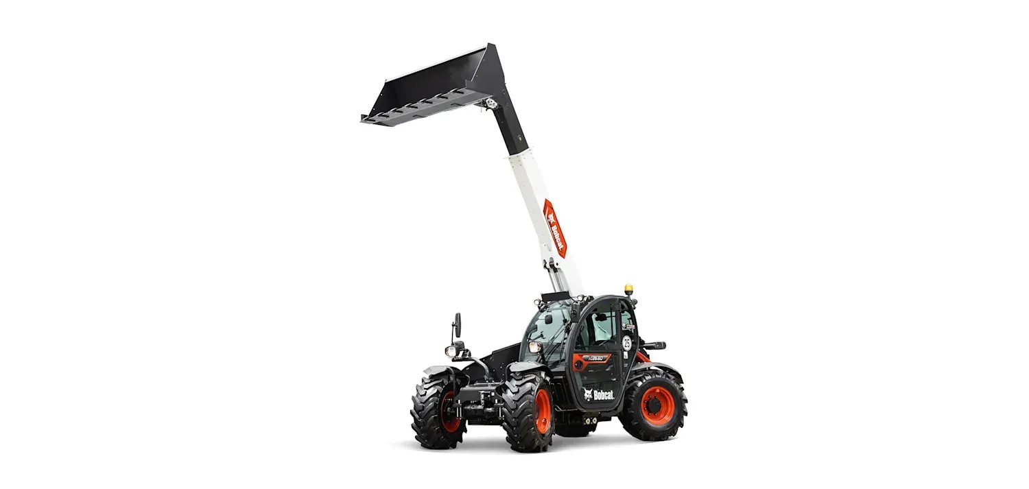 A white and red forklift with a long arm on a white background.