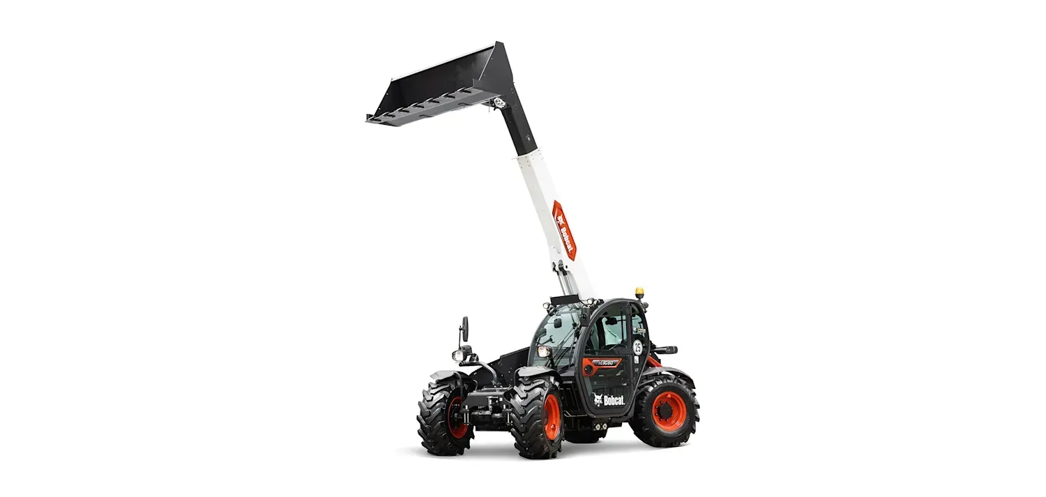 A white and red forklift with a long arm on a white background.