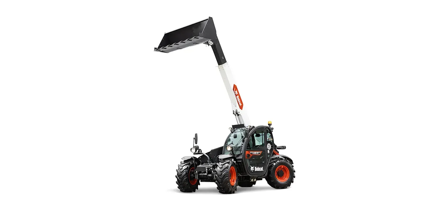 A white and black forklift with a long arm on a white background.