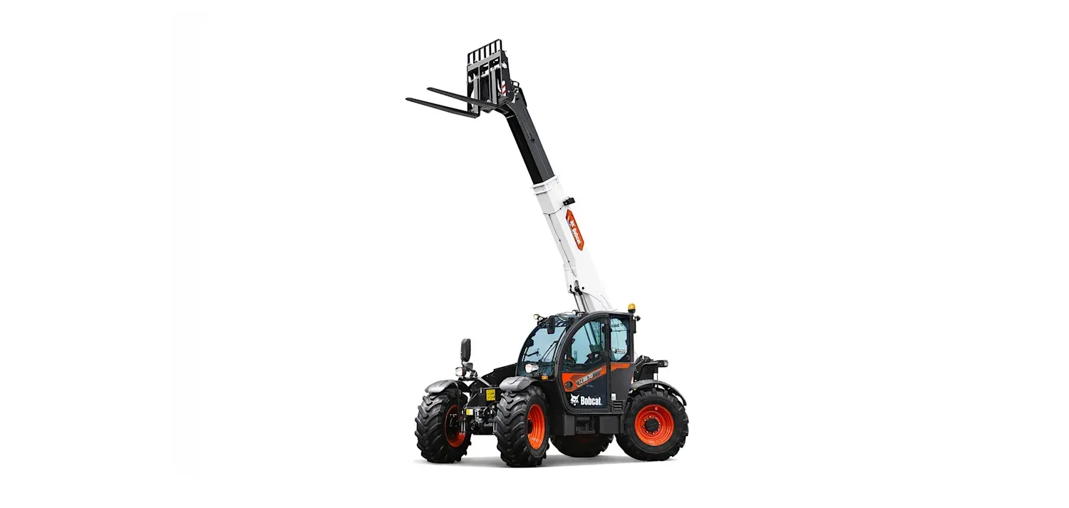 A white and orange forklift with a long arm on a white background.