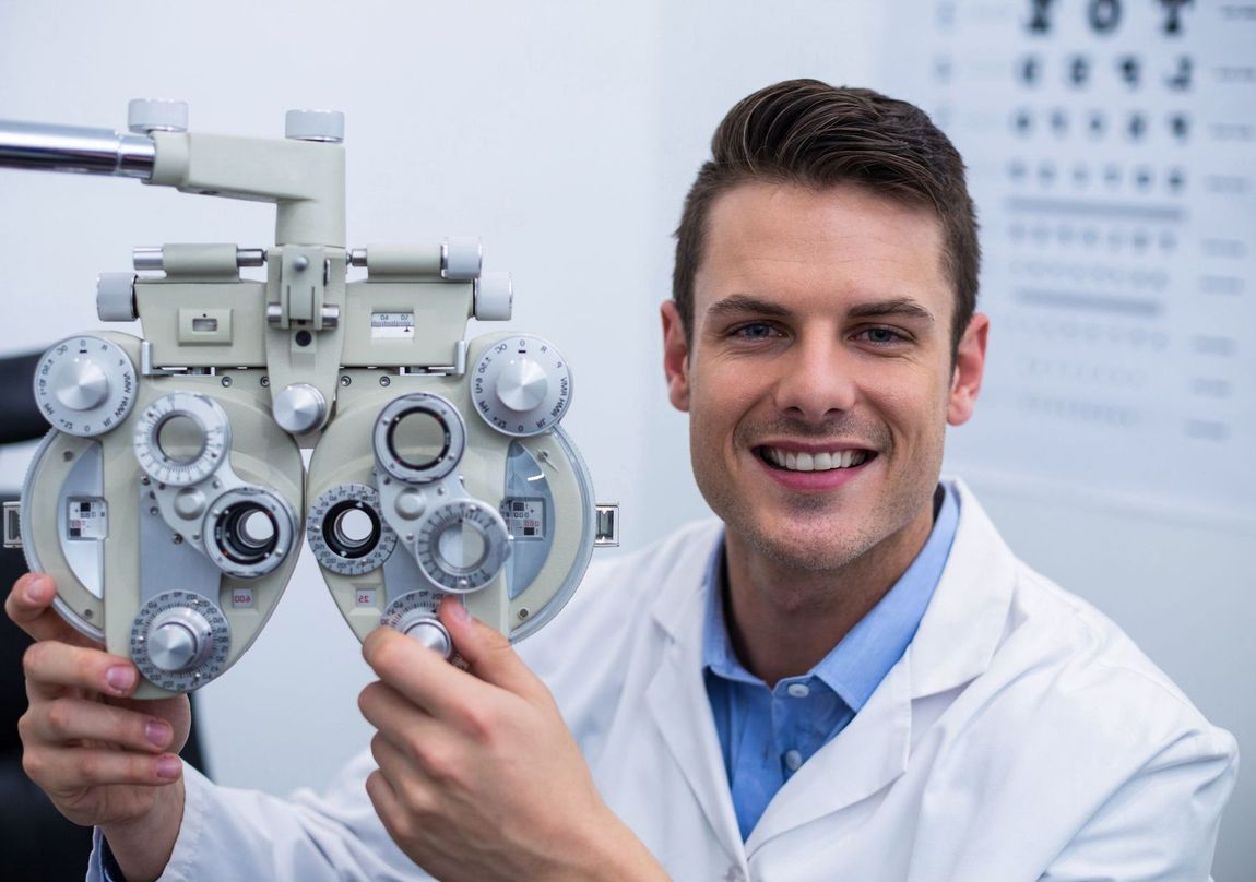 An ophthalmologist is holding a device in his hands and smiling.