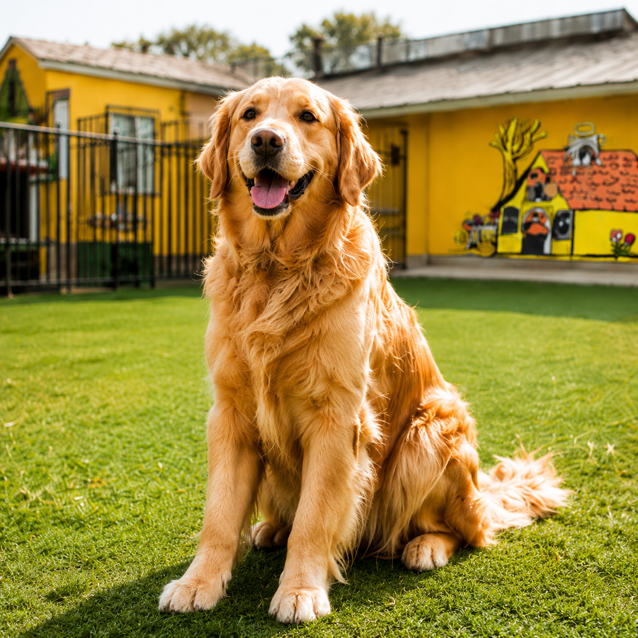 A happy golden retriever at The Big Dog House in Aubrey, Texas