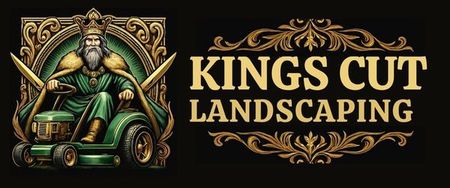 King riding a lawnmower, the logo for King's Cut Landscaping. Green and gold colors. Dark background.