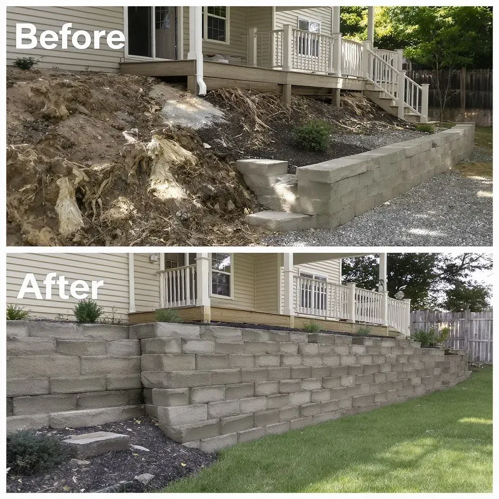Before-and-after of a house's retaining wall and landscaping. Wall rebuilt with steps. Green grass.