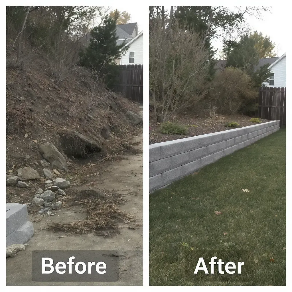 Before and after of a retaining wall built to stabilize a hillside, showing a significant landscape transformation.