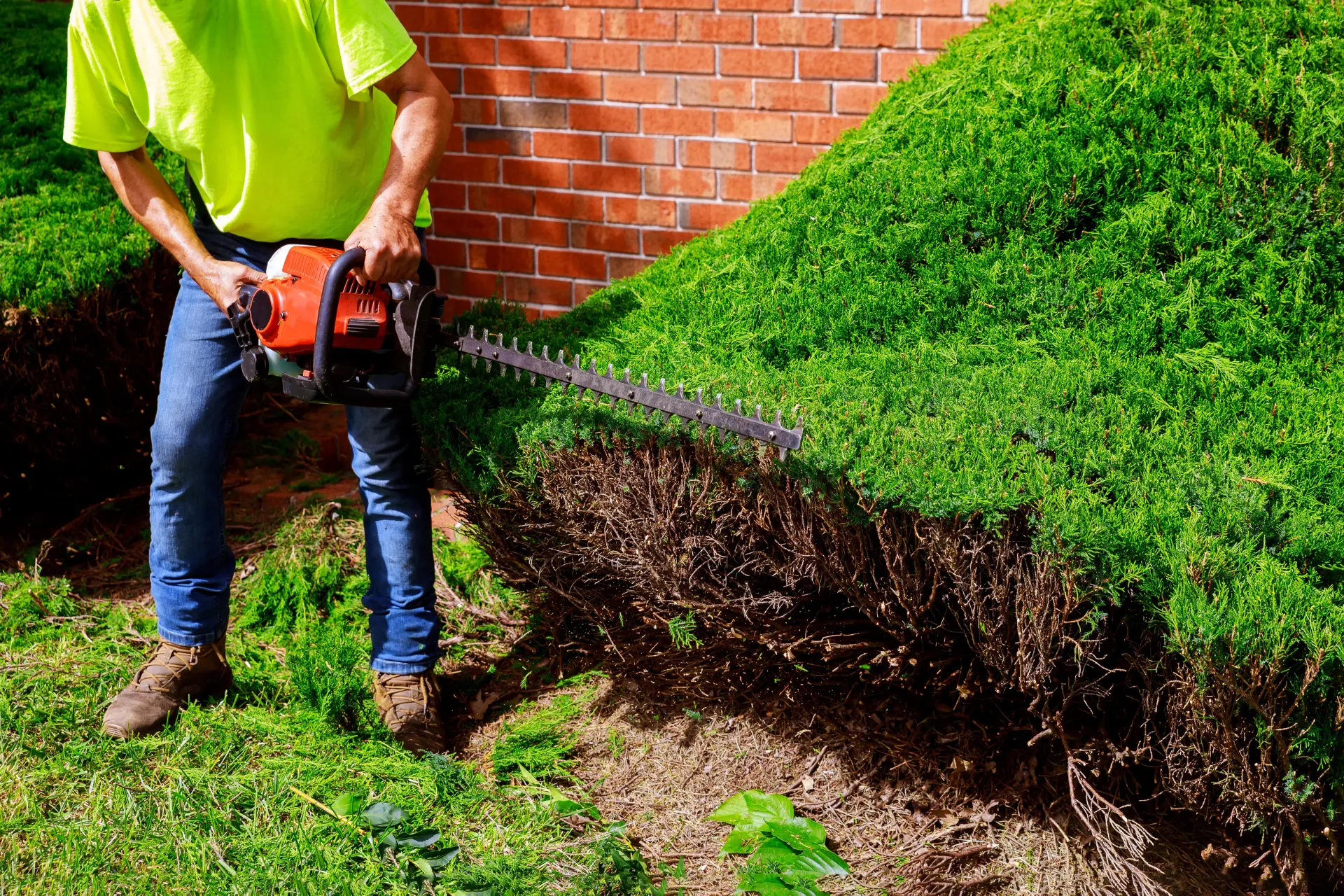 Person in neon shirt using a hedge trimmer on a green bush next to a brick wall.