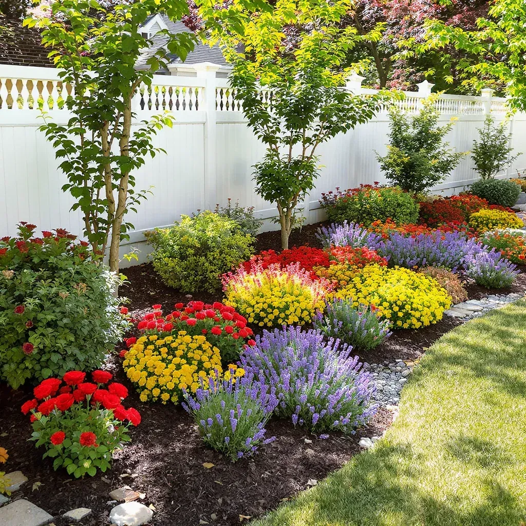 Colorful flower garden beds with a white picket fence backdrop.
