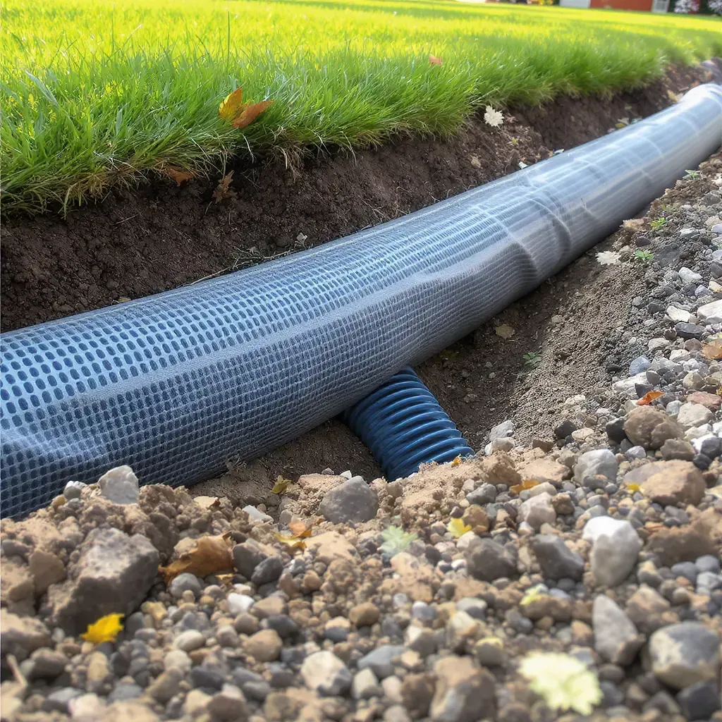 Underground drainage pipe wrapped in mesh installed near grass and soil.
