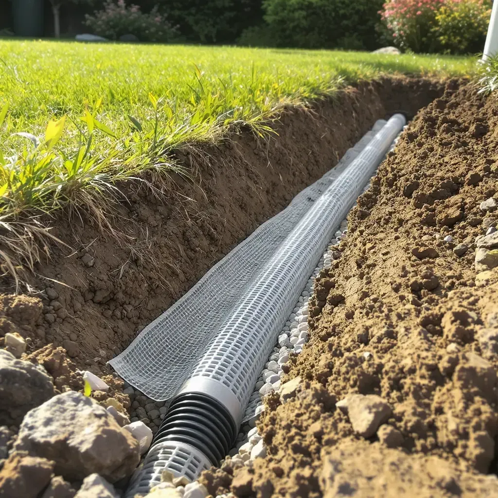 Gravel-lined trench with perforated drain pipe, covered with fabric, in a grassy yard.