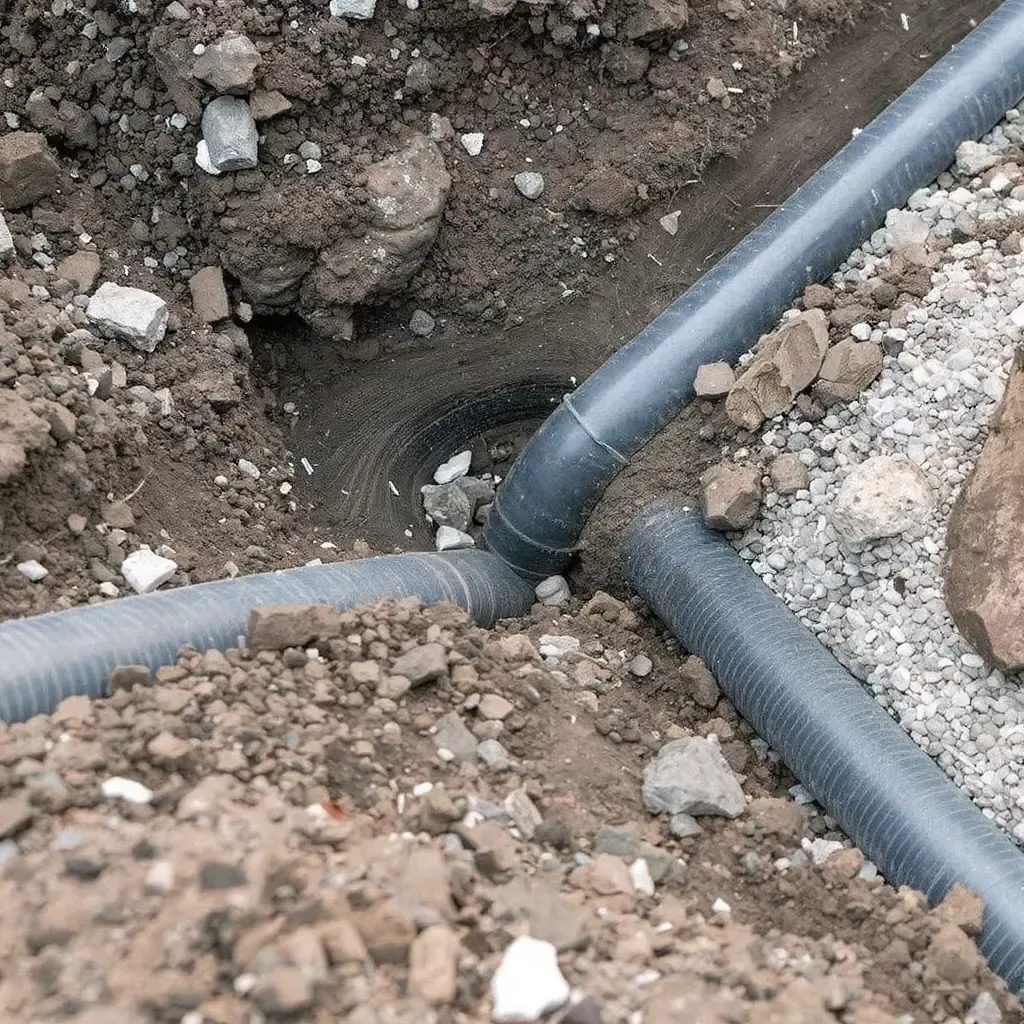 Gray corrugated drain pipes connected in a trench, surrounded by dirt and rocks.
