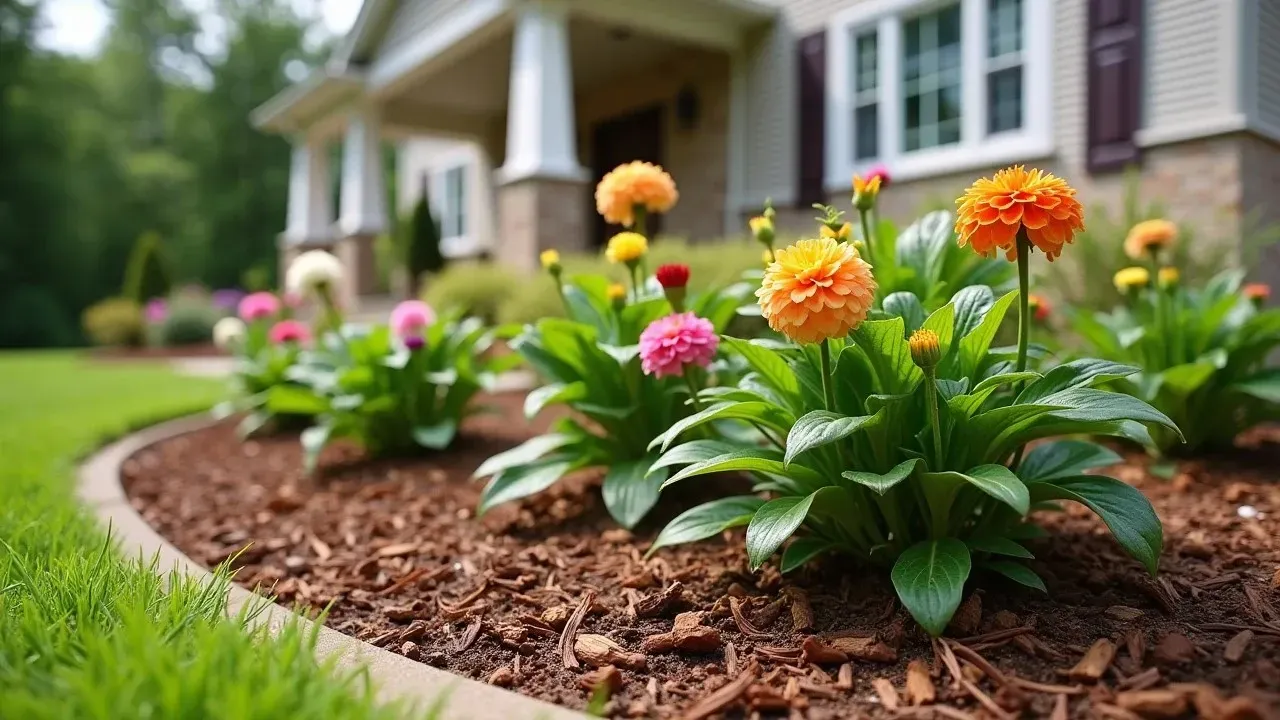 Colorful flowers bloom in a mulched garden bed in front of a house.