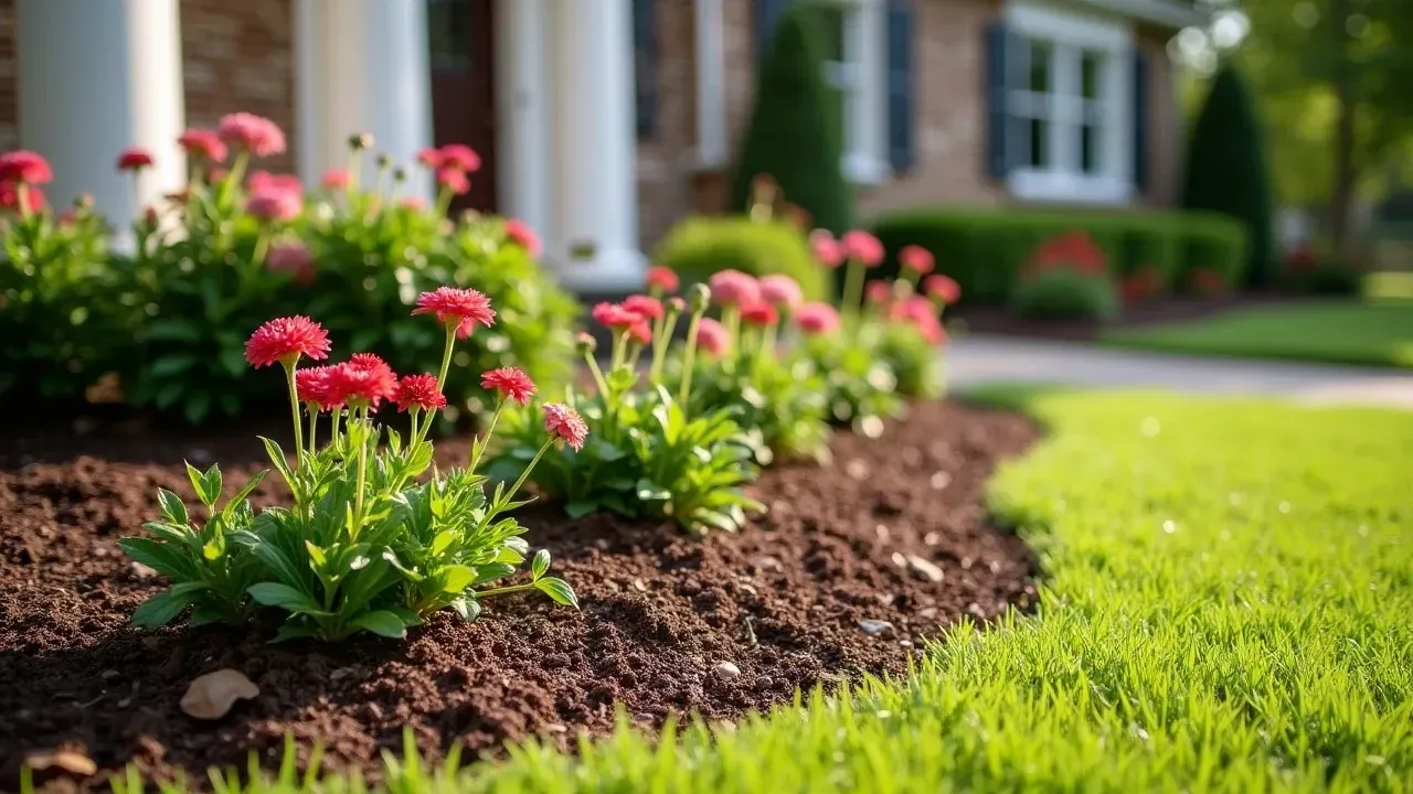Red flowers in a flower bed, next to a green lawn in front of a house.