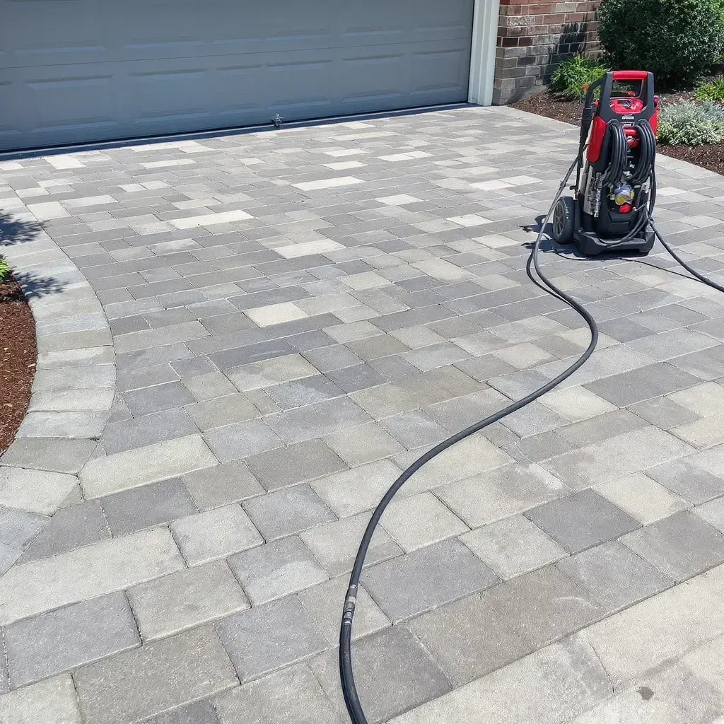 Pressure washer on a gray paver driveway near a garage door, cleaning the surface.