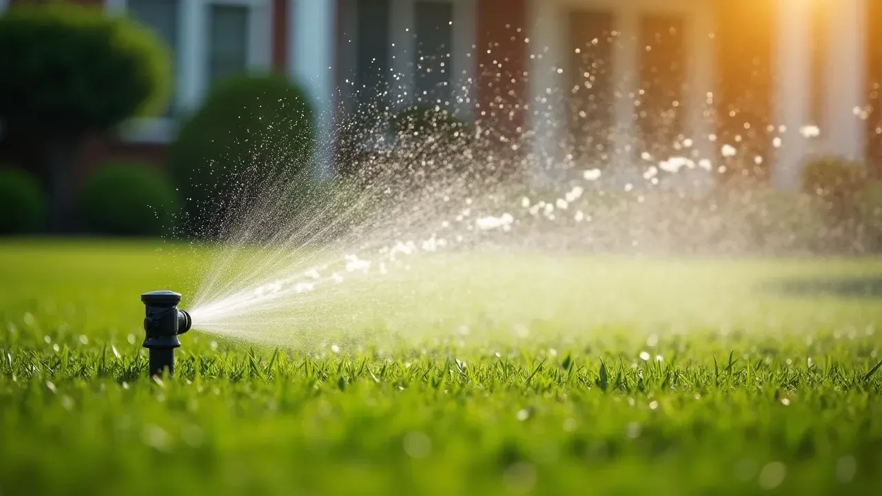 Sprinkler watering a green lawn in front of a house, water droplets glistening in the sunlight.