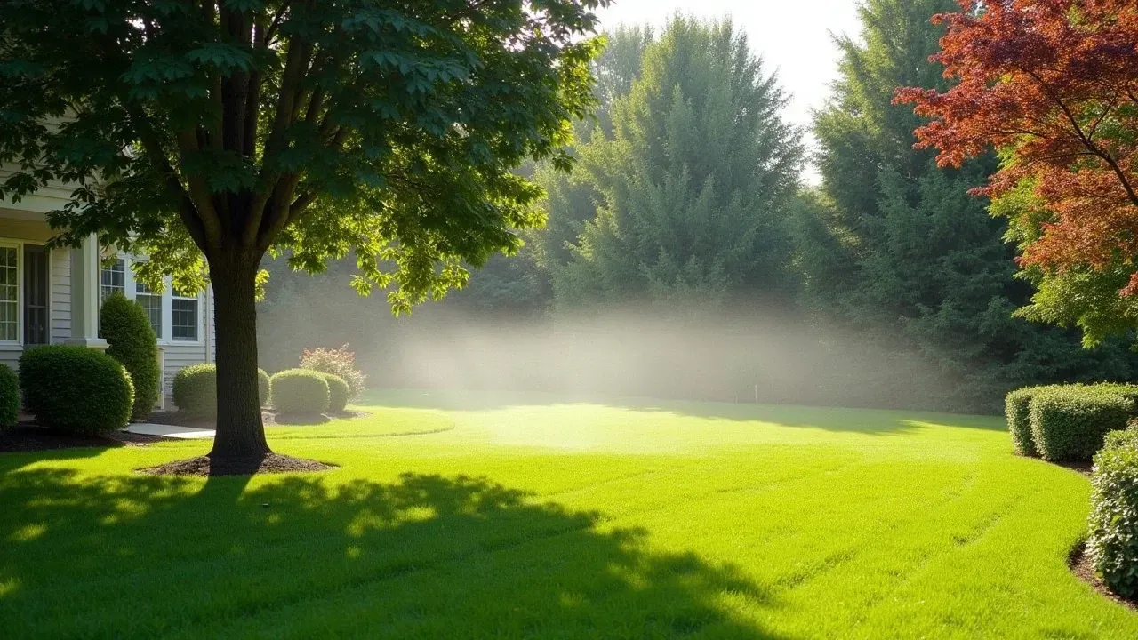 Lush green lawn with a large tree casting a shadow. Haze in the sunlight. Bushes and colorful trees in the background.