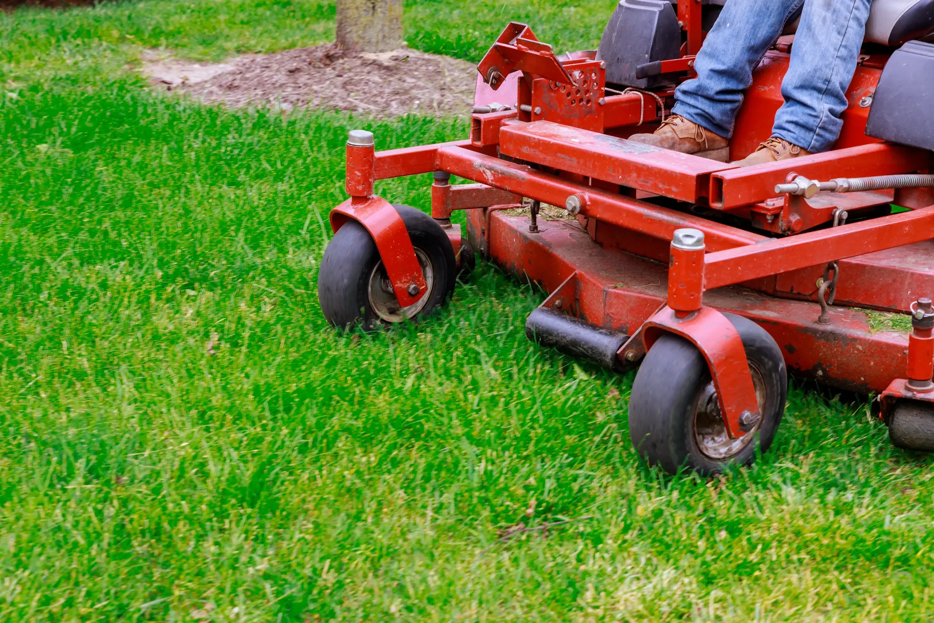 Red zero-turn lawnmower mowing green grass.