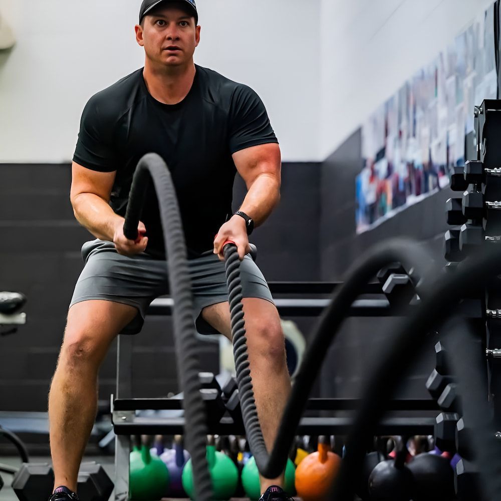 A Man In A Black Shirt Is Holding A Rope In A Gym — Ultimate Results Training in Aitkenvale, QLD
