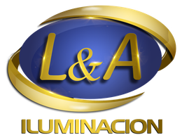 Logo: Blue oval with gold "L&A", surrounded by gold ribbons; "ILUMINACION" below.
