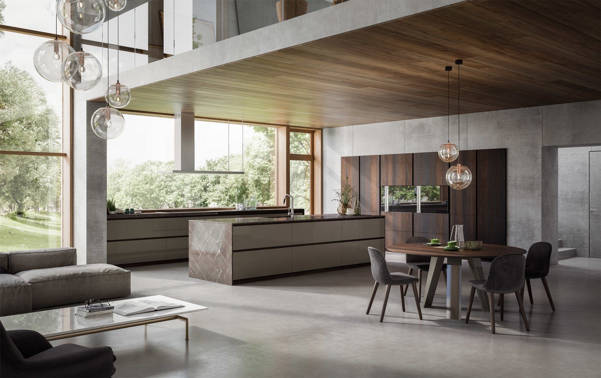 Un soggiorno con tavolo da pranzo e sedie e una cucina.