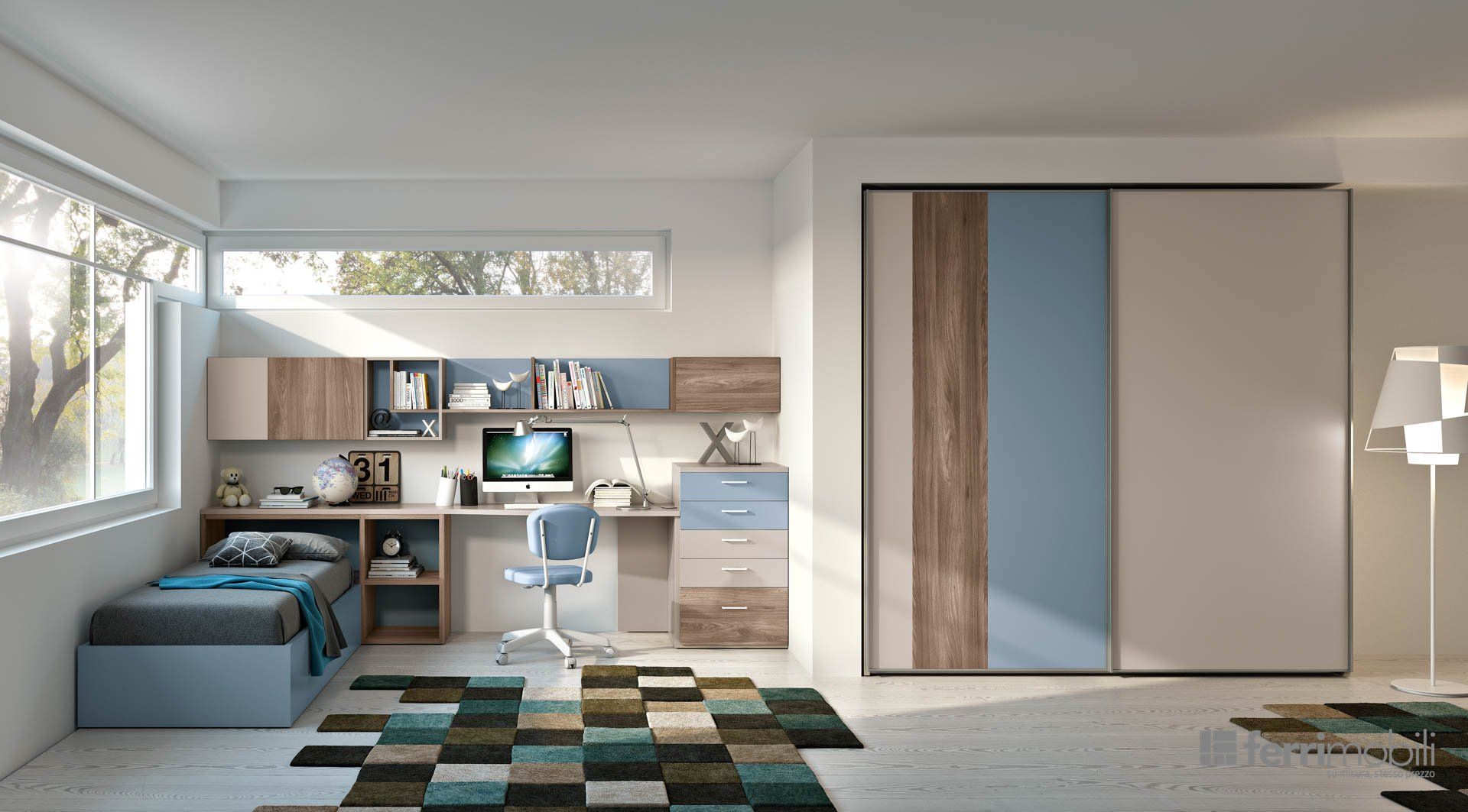 Una camera da letto con un letto, una scrivania, un armadio e un tappeto