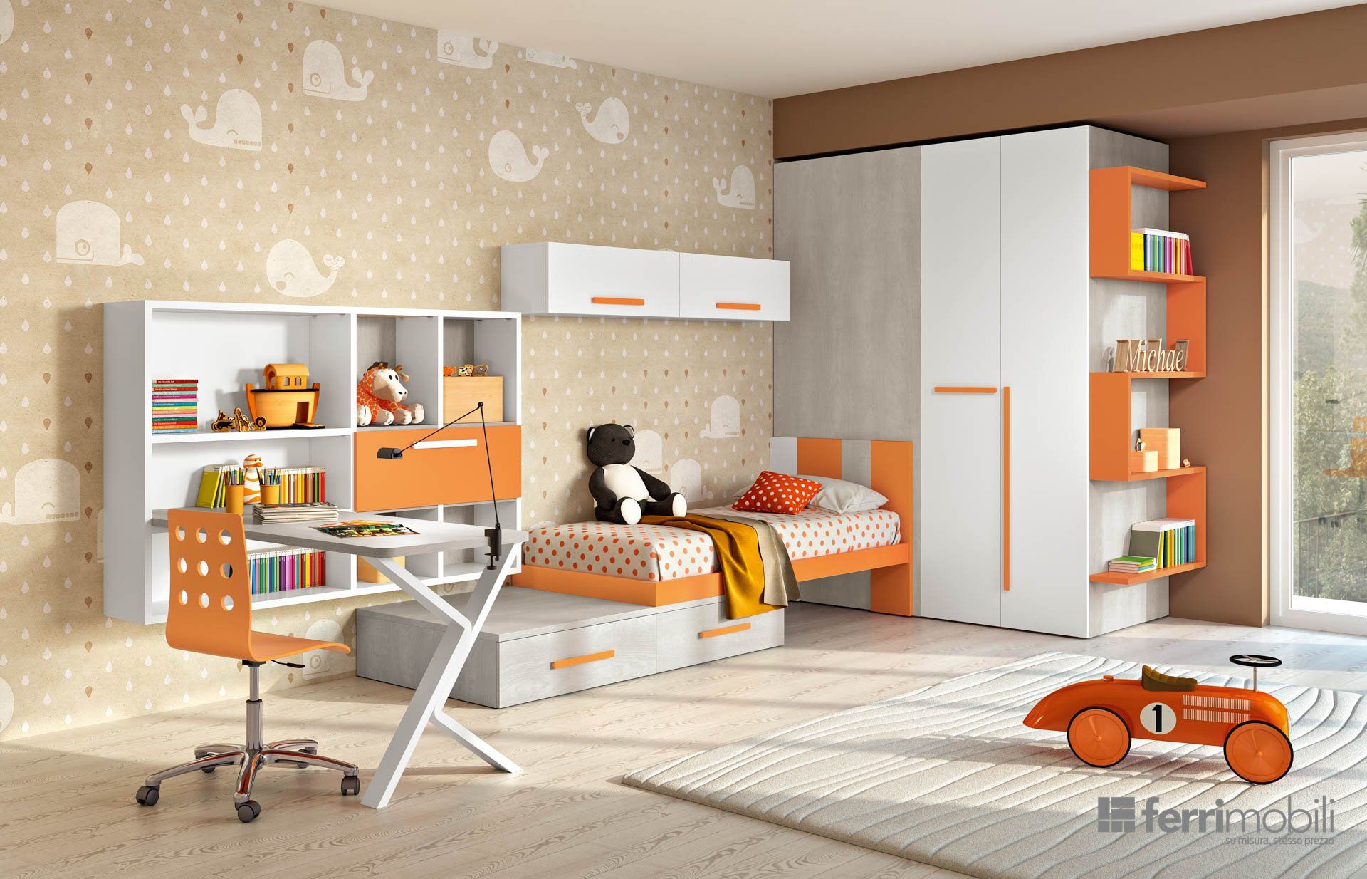 Una camera da letto con un letto, una scrivania e una macchinina giocattolo