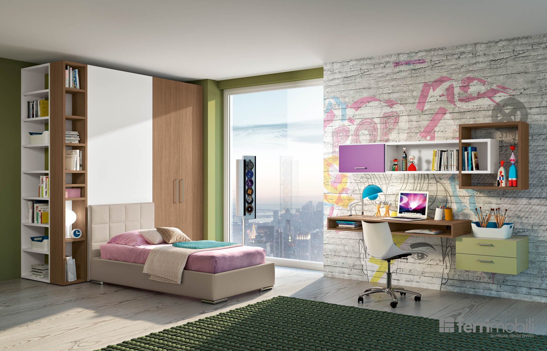 Una camera da letto con un letto, una scrivania e una grande finestra