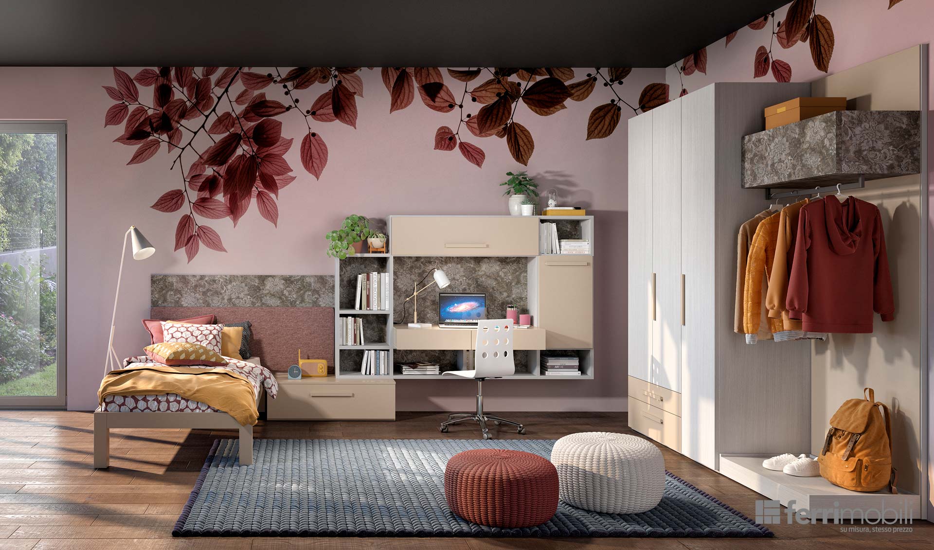 Una camera da letto con un letto, una scrivania, un armadio e un tappeto.