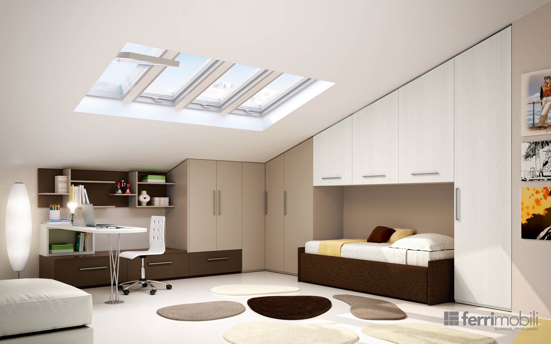 Una camera da letto con un lucernario sopra il letto