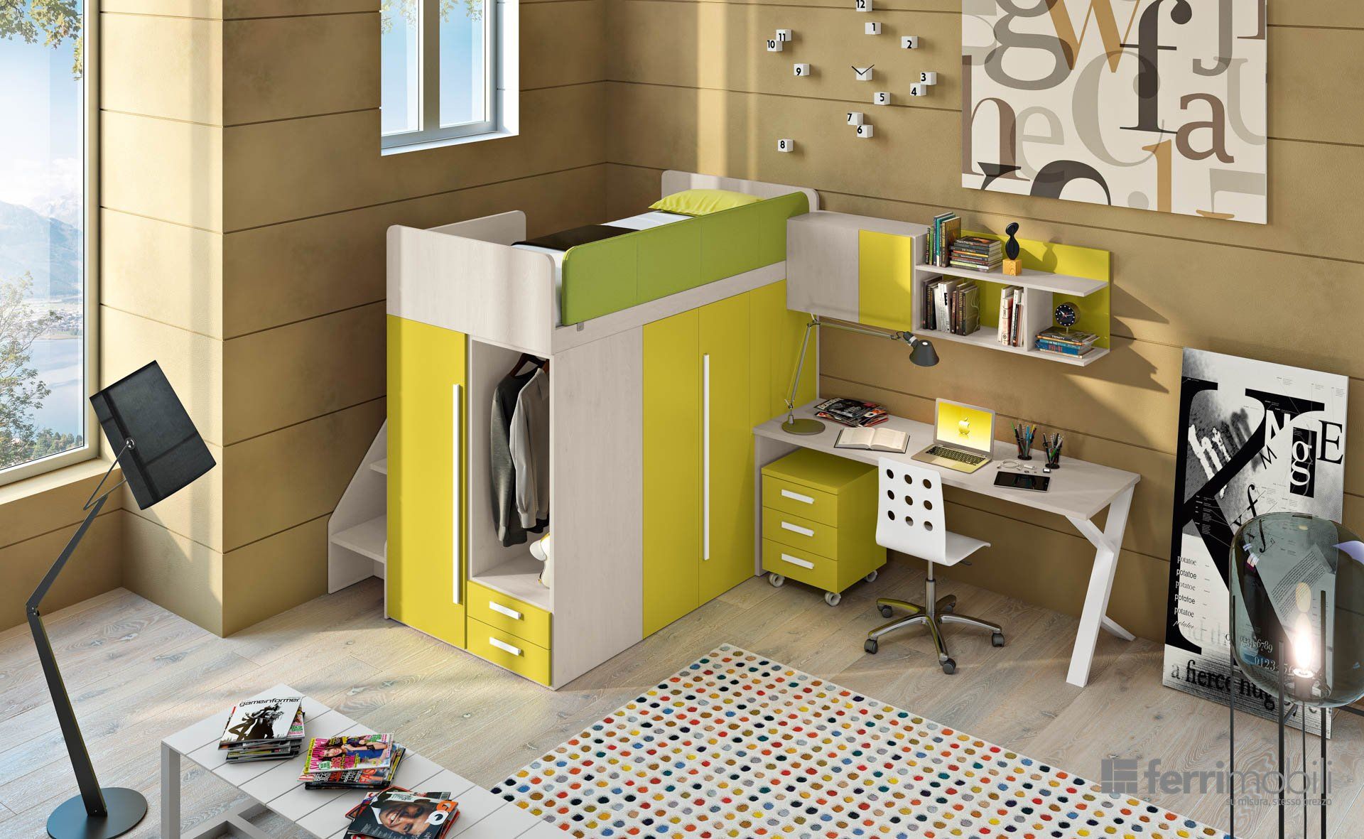 Una camera con un letto a castello e una scrivania