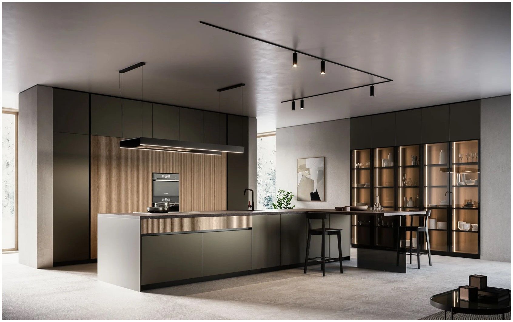 Una cucina con una grande isola al centro della stanza.