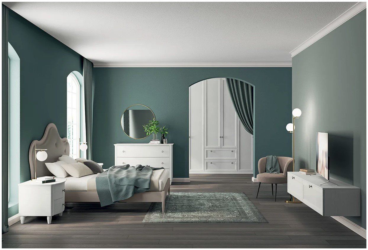 Una camera da letto con un letto, una cassettiera, un comodino, una sedia e una televisione.