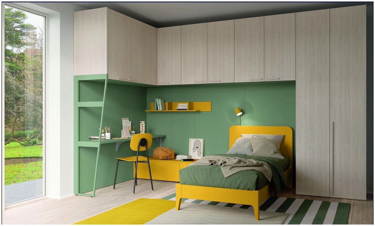 Una camera da letto con pareti verdi e un letto giallo